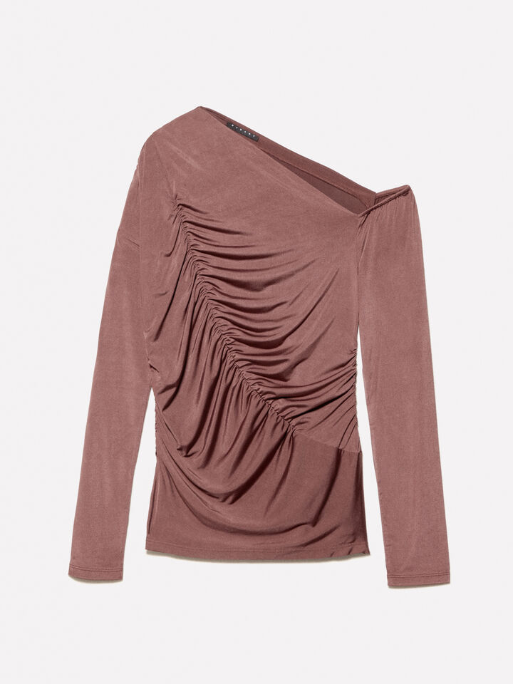 Dark brown t-shirt with rouching - women's tops - Dark Brown | Sisley image number 6